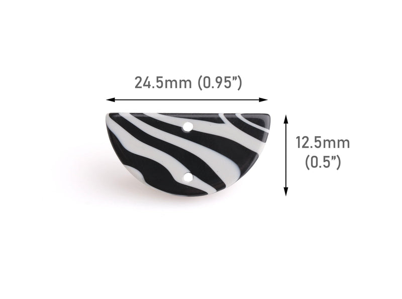 2 Half Moon Charm Links with Zebra Stripes, Two Holes, Black and Light Gray, Cellulose Acetate, 24.5 x 12.5mm