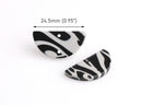 2 Half Moon Charm Links with Zebra Stripes, Two Holes, Black and Light Gray, Cellulose Acetate, 24.5 x 12.5mm