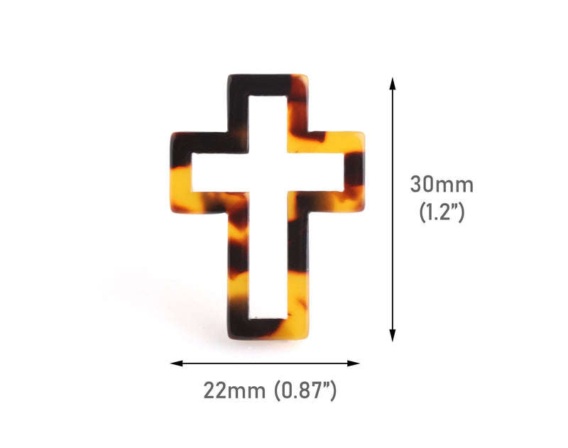 2 Open Cross Connectors in Tortoiseshell, Faith Charms, Sideways Cross for Wrap Bracelets, Acetate, 30 x 22mm
