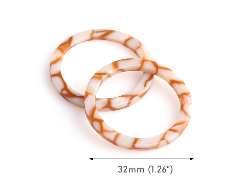 2 Round Ring Connectors, No Hole, Pearl White Marble with Gold Veins, Infinity Circle, Plastic O-Ring, Acetate, 32mm