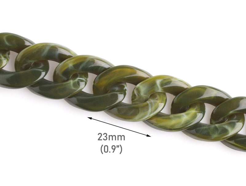 1ft Olive Green Acrylic Chain Links, 23mm, Colored Marble, For Keychain Wrist Straps