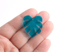 2 Blue Monstera Leaf Charms, Transparent Acrylic, 29.5 x 26mm