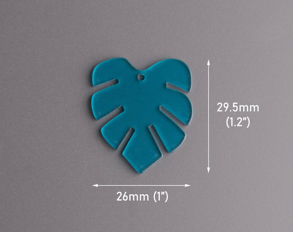 2 Blue Monstera Leaf Charms, Transparent Acrylic, 29.5 x 26mm