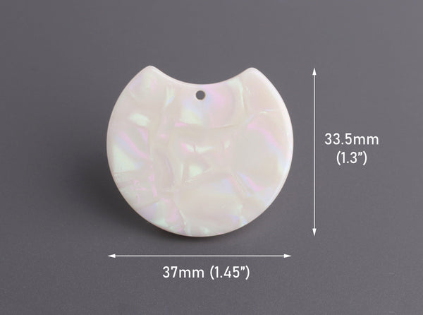 2 Iridescent White Half Circle Blanks, 37 x 33.5mm, Plastic Resin Pendants, Acrylic Earring Blanks, Half Moon Earring Findings, HC013-37-W19
