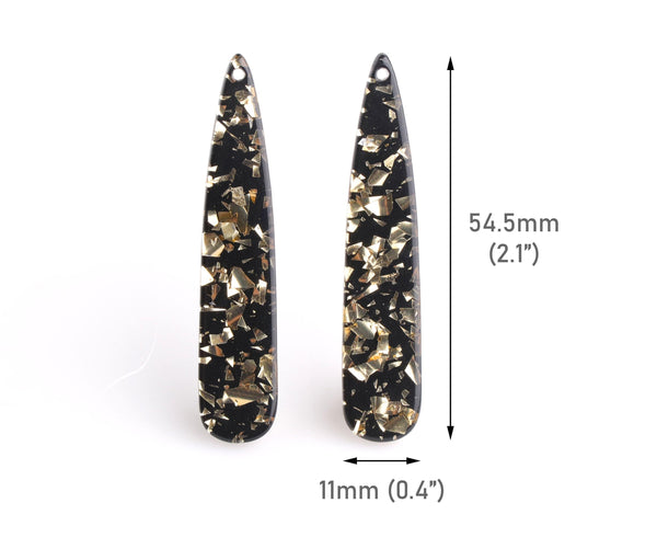 4 Black Teardrop Charms with Gold Foil Flakes, Laser Cut Acrylic, 54.5 x 11mm
