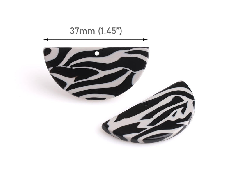 2 Half Moon Charms with Zebra Stripes, Black and Gray, Cellulose Acetate, 37 x 18mm