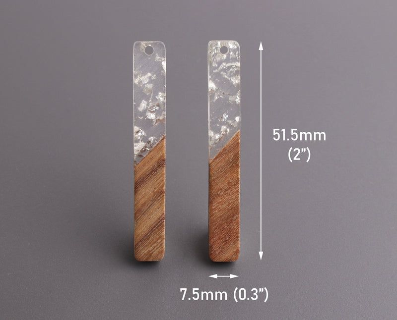 4 Real Wood and Resin Beads with Silver Foil Flakes, Long Bar Shape, Translucent Epoxy Resin, Brown Wood, 51.5 x 7.5mm