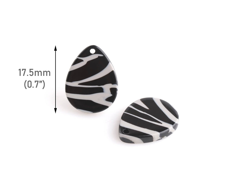 4 Small Teardrop Charms with Zebra Stripes, Black and Gray, Pip Beads, Cellulose Acetate, 17.5 x 13.5mm