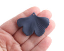 2 Navy Blue Ginkgo Leaf Beads, Matte Blue, Natural Plant Leaves, Rubber Coated, 44.5 x 33mm