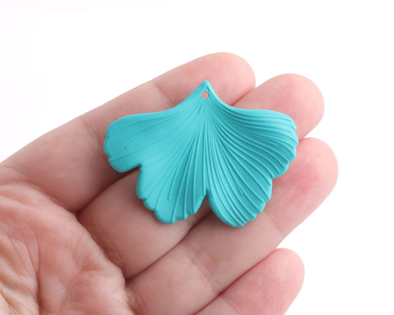 2 Turquoise Ginkgo Leaf Charms, 1.75" Inch, Matte Blue Turquoise, Natural Organic Shape Plants, Wavy Butterfly Wing Charms, FW054-45-TQ01
