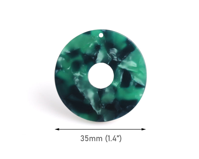 2 Dark Green Acetate Charms, Wheel Beads, Acrylic Earring Blanks, Small Necklace Pendant, Emerald Green Tortoise Shell Supply, RG086-35-DG1