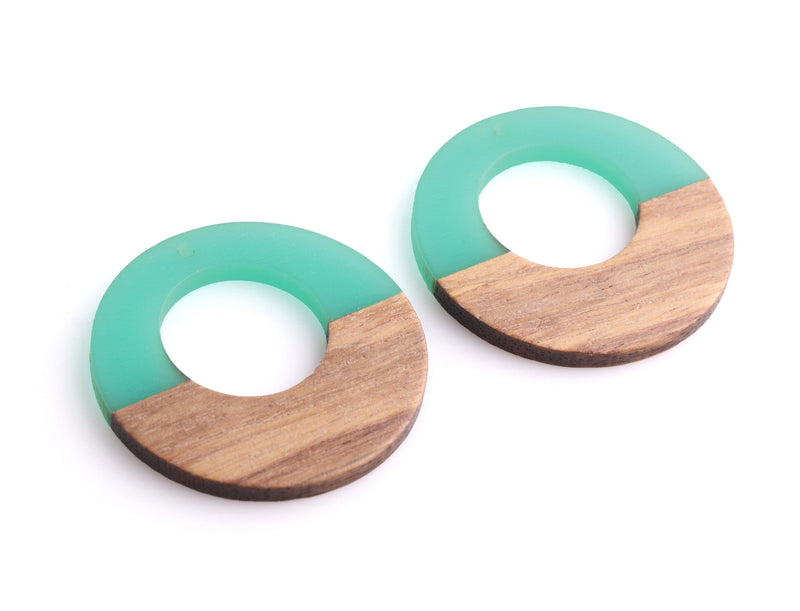 2 Green Resin and Wood Charms, 1.5" Inch, Epoxy Resin Jewelry Component, Two Tone, Donut Ring Beads, Real Wood and Resin Beads, RG087-38-WDN