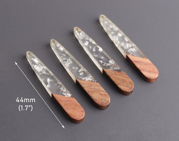 4 Wood and Resin Charms with Silver Foil Flake, 44mm x 7.5mm, Flat Stick Earring Charm, Tear Drop Pendant, Diagonal Angle Cut, TD069-44-WDSF