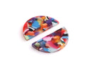 2 Half Moon Connectors with Two Holes, Rainbow Confetti Tortoise, Cellulose Acetate, 30 x 15mm