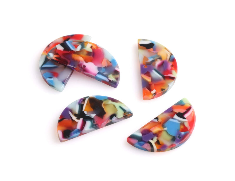 2 Half Moon Connectors with Two Holes, Rainbow Confetti Tortoise, Cellulose Acetate, 30 x 15mm