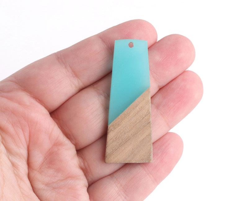 2 Aqua Blue Resin and Wood Charms, Trapezoid Shape, Epoxy Resin and Real Wood, 49 x 19.25mm