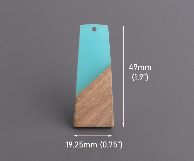 2 Aqua Blue Resin and Wood Charms, Trapezoid Shape, Epoxy Resin and Real Wood, 49 x 19.25mm