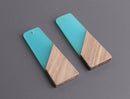 2 Aqua Blue Resin and Wood Charms, Trapezoid Shape, Epoxy Resin and Real Wood, 49 x 19.25mm
