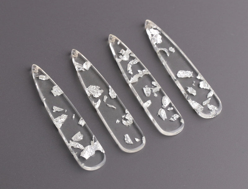 4 Teardrop Earring Charms with Silver Flakes, Resin Pendants, Silver Foil Flecks, Clear Acrylic Pieces, Jewelry Making Supply, TD070-54-CSF