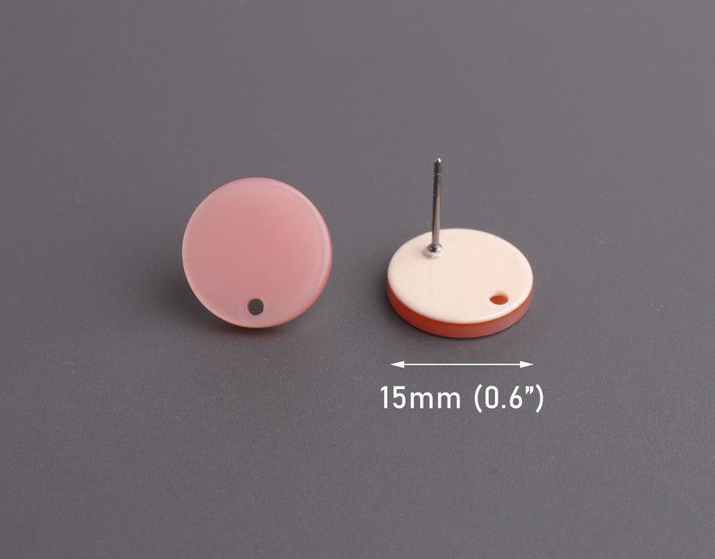 4 Rosy Pink Acetate Earring Studs with Hole, 15mm