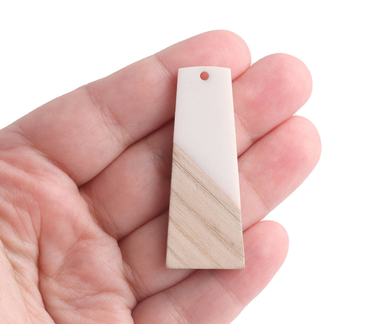 2 Ivory White Resin and Wood Charms, Trapezoid Shape, Epoxy Resin, Real Natural Wood, 49 x 19.25mm