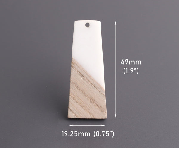 2 Ivory White Resin and Wood Charms, Trapezoid Shape, Epoxy Resin, Real Natural Wood, 49 x 19.25mm