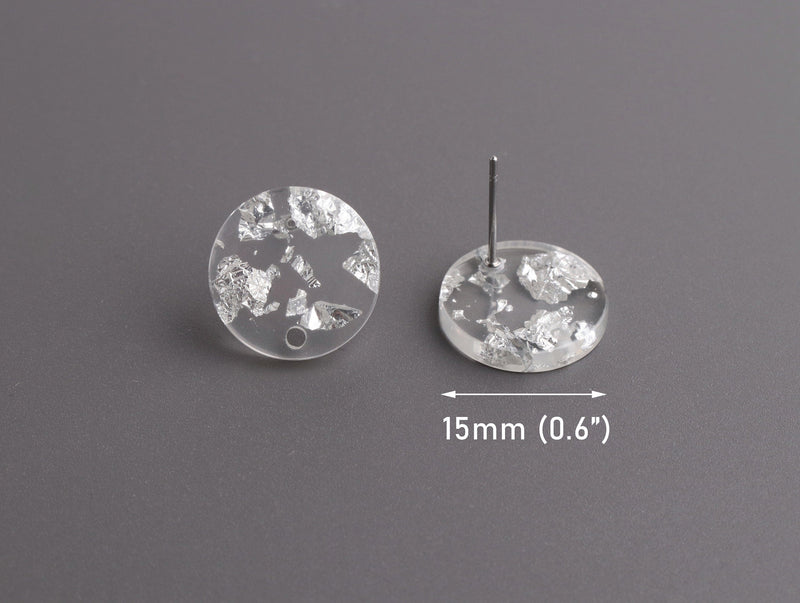 4 Clear Acrylic Earring Parts with Silver Flecks, 15mm, Small Round Circle Studs with Hole, Dot Studs, Silver Foil Flakes, EAR090-15-CSF