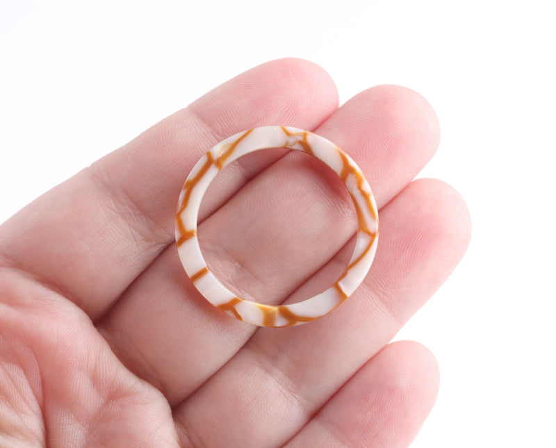 2 Round Ring Connectors, No Hole, Pearl White Marble with Gold Veins, Infinity Circle, Plastic O-Ring, Acetate, 32mm