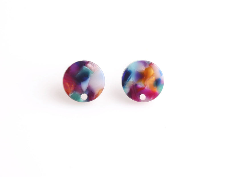 4 Colorful Resin Ear Studs with Hole, Multicolor Acrylic Earring Blank, Tortoise Shell Studs 12mm, Designer Earring Findings, EAR093-12-MC01