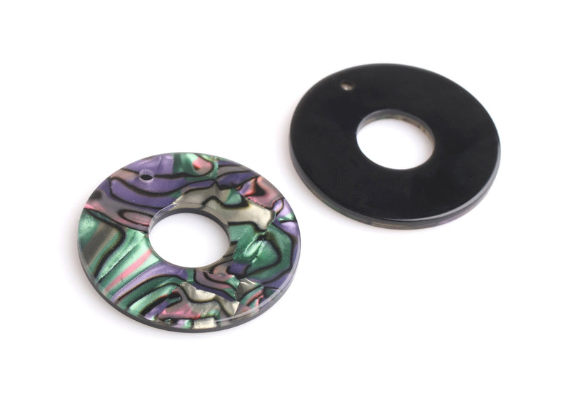 2 Infinity Circle Ring Pendants, Faux Abalone Shell with Green, Pink and Purple, Acrylic, 35mm