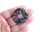 2 Infinity Circle Ring Pendants, Faux Abalone Shell with Green, Pink and Purple, Acrylic, 35mm