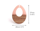 4 Light Rose Teardrop Pendants, Real Wood and Resin Beads, Translucent Pink, Color Block, 37 x 28mm