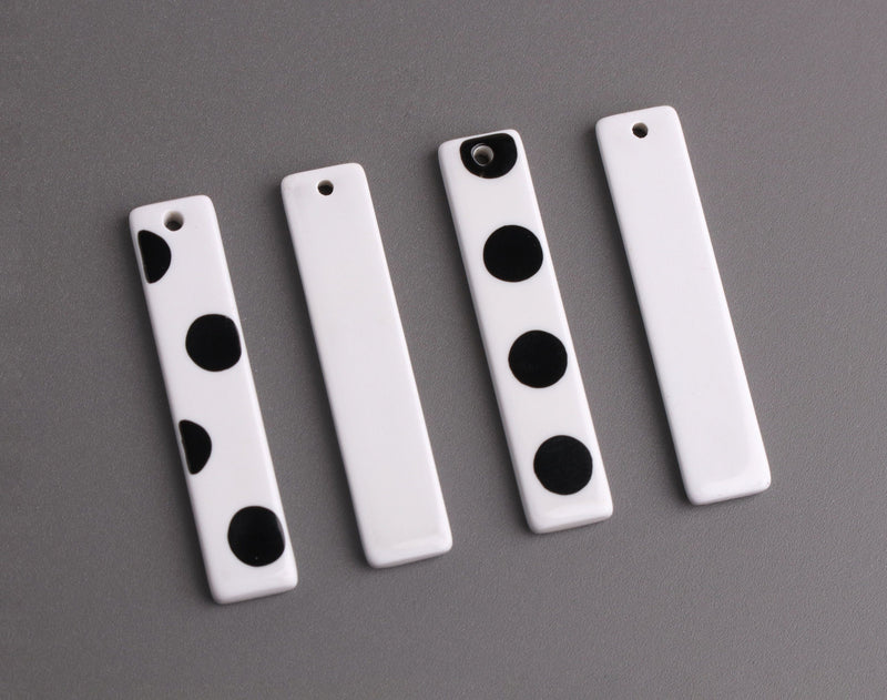 4 White Rectangle Bar Charms with Black Polka Dots, 36 x 7.5mm