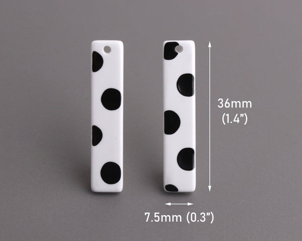 4 White Rectangle Bar Charms with Black Polka Dots, 36 x 7.5mm