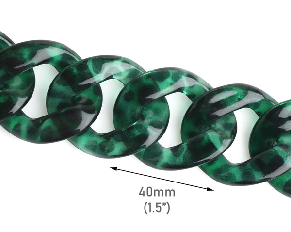 1ft Green Acrylic Chain Links in Emerald Tortoise Shell, 40mm, Extra Large for Purse Handles