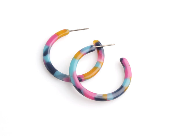 Small Hoop Earring Findings, 1 Pair, Multicolor Tortoise Shell Hoops in Light Blue, Pink and Yellow, Acrylic Earring Pieces, EAR087-30-UPY
