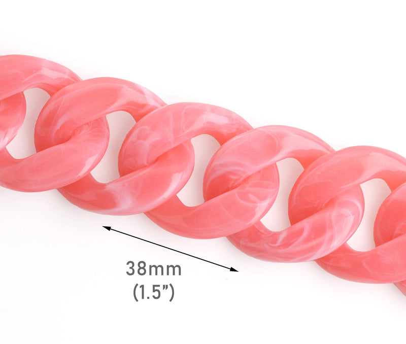 9" Watermelon Pink Acrylic Chain Links, 38mm, Extra Large, Flat Cuban Link Chain