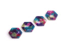 4 Hexagon Charms for Earrings, Mardi Gras Tortoise Shell, Green and Purple, Cellulose Acetate, 17.25 x 15.5mm