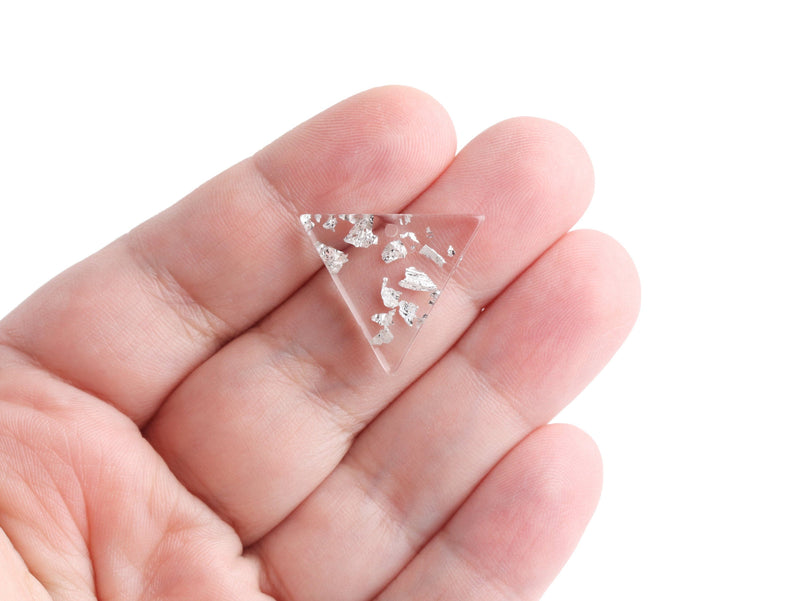 4 Small Inverted Triangle Charms, Silver Foil Leaf Flakes, Clear Transparent Acrylic Shapes, 21.5 x 19mm