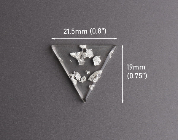 4 Small Inverted Triangle Charms, Silver Foil Leaf Flakes, Clear Transparent Acrylic Shapes, 21.5 x 19mm
