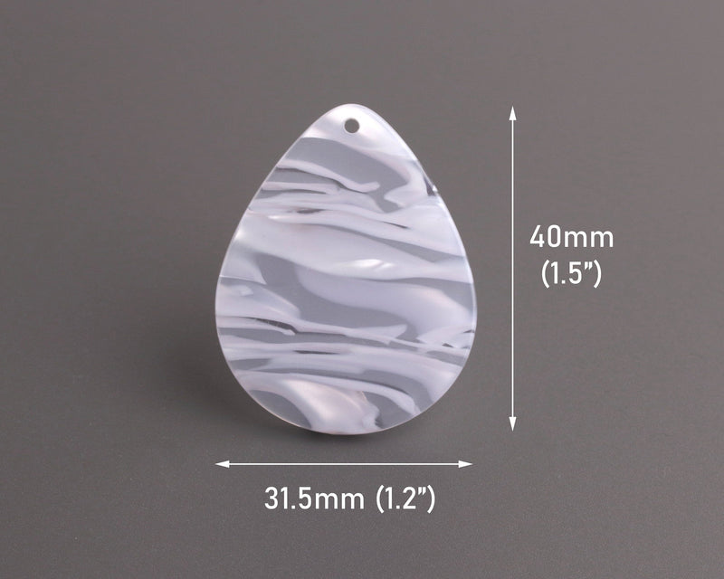 4 Large Teardrop Pendants in Silver Tortosie Shell, 1.5" Inch, Flat Teardrops for Earrings, Blank Acetate Charms, Pearl Gray, TD074-40-GY04