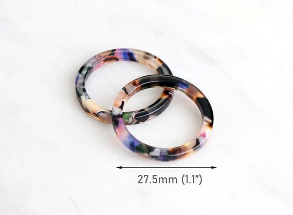 4 Thin Ring Connectors, 1.1" Inch, Multicolor Tortoise Shell Links, Colorful Resin Charms for Earrings, Rainbow Plastic Beads, RG091-27-KMC