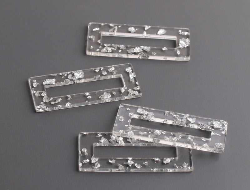 2 Clear Acrylic Rectangle Rings with Silver Flecks, Acrylic Earring Pieces, Large Rectangle Pendants, Silver Foil Flakes, DX122-50-CSF