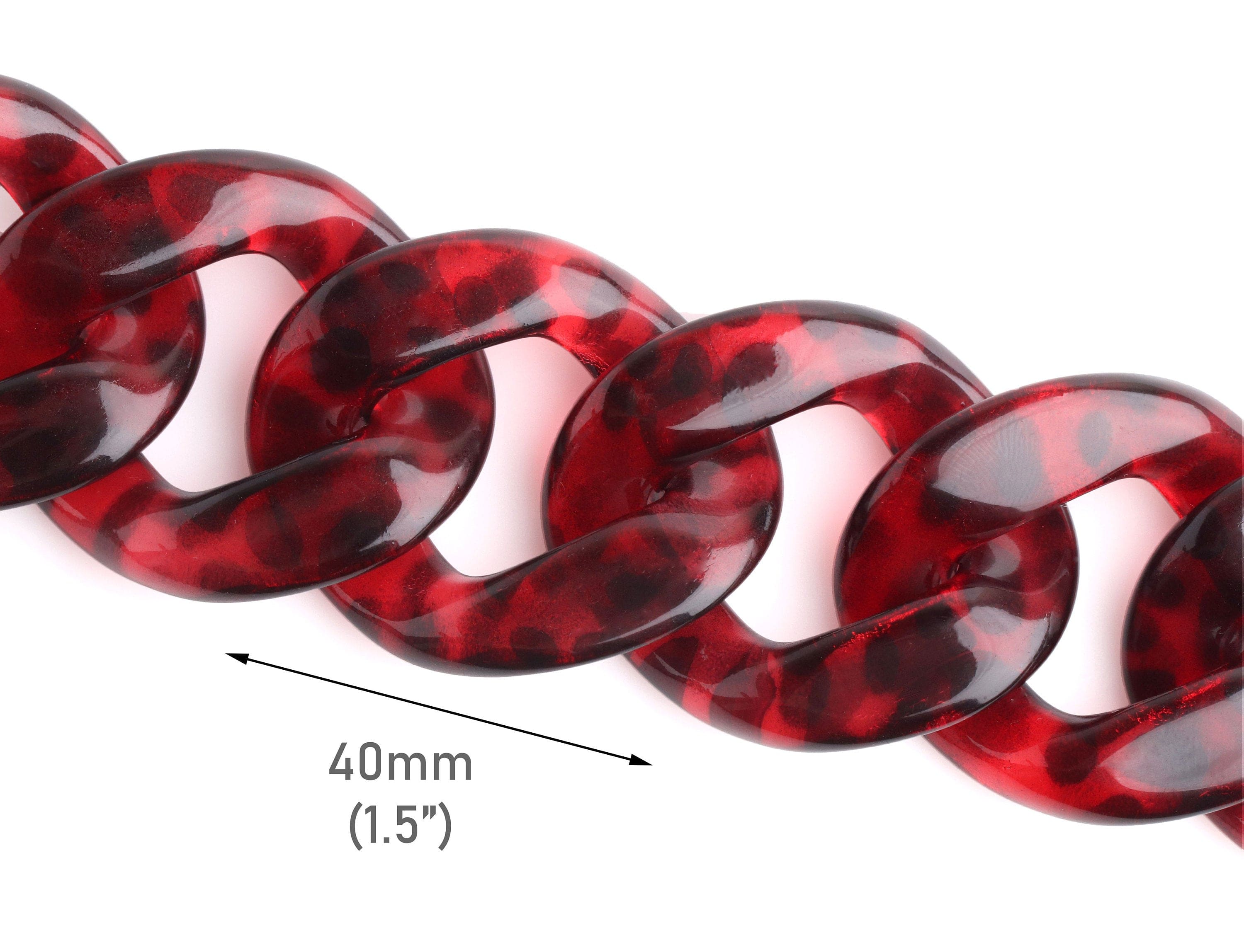 1ft Red Tortoise Shell Chain Links, 40mm, Acrylic, For Statement Neckl