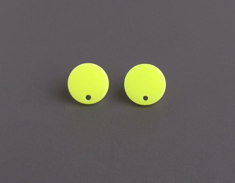 4 Neon Yellow Earring Blanks, 14mm, 1 Hole, Acrylic Earring Posts, Circle Stud Earring, Ear Stud Base, Y2K Kandicore, 14mm