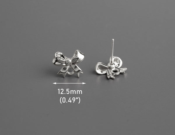 4 Silver Mini Bow Stud Earrings with Loop, Metal Alloy, Small Ear Studs with Hole, Tiny Bowtie, 12.5 x 10mm