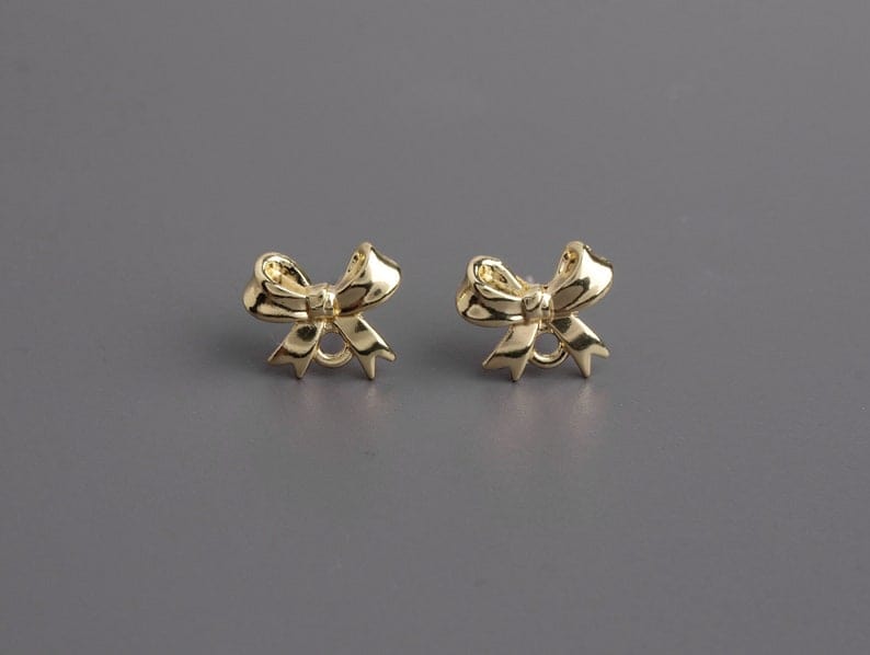 4 Gold Mini Bow Stud Earrings with Loop, Gold Tone Metal Alloy, Small Ear Studs with Hole, Tiny Dainty, 12.5 x 10mm