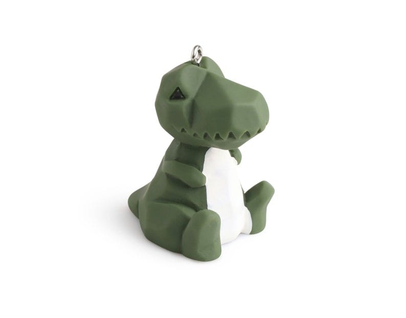 1 Geometric Dinosaur Figurine with Loop, For Keychain, Hand Painted Low Poly Animal Sculpture, Cute Baby T-Rex, Matte Green Plastic, 1.9" Inch