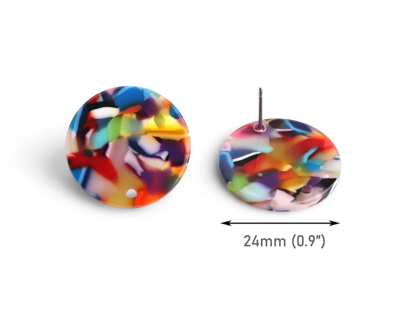 4 Extra Large Round Studs in Rainbow, 24mm, 1 Hole, Metal Post, Super Chunky, Multicolored Ear Stud Base