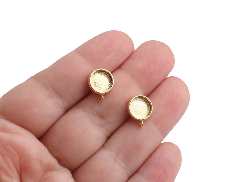 4 Gold Plated Bezel Stud Earring Settings with 1 Loop, Fits 8mm Cabochons, Metal Brass, Deep Base Tray